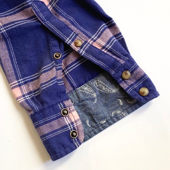 Jachs Girlfriend Womens Purple Plaid Flannel Shirt Pearl Snap Buttons Tab Sleeve - Picture 5 of 12